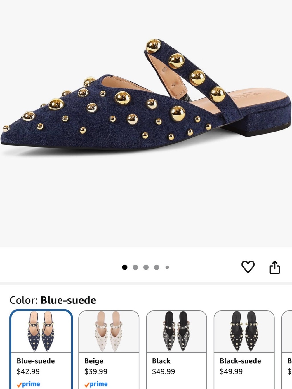 Amazon Blue Suede Pointed Mule with Gold Studs